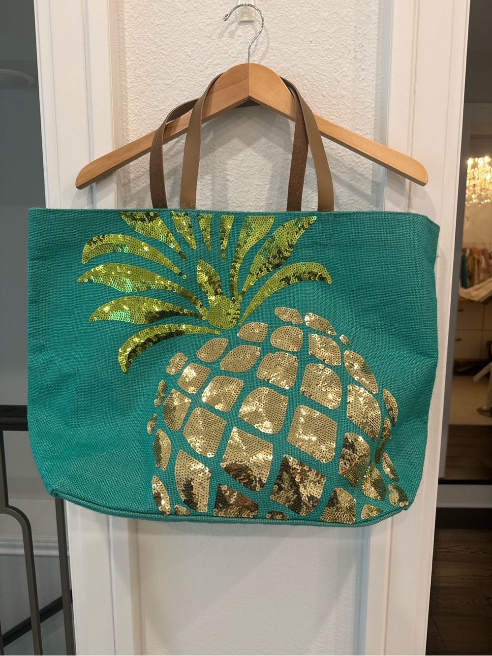 Mud Pie Teal Sequin Pineapple Large Beach Tote Bag
